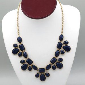 Womens Gold Tone Link Statement Necklace Dark Blue Acrylic Cabochon Beads